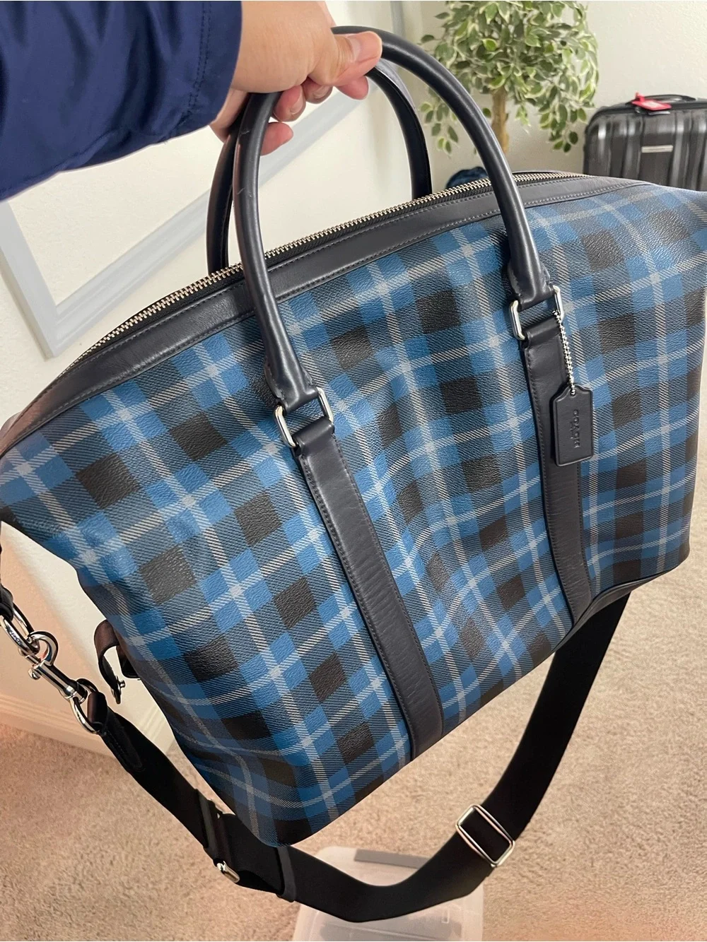 Coach Voyager Blue Plaid Men’s Duffel Bag coated canvas with leather trims